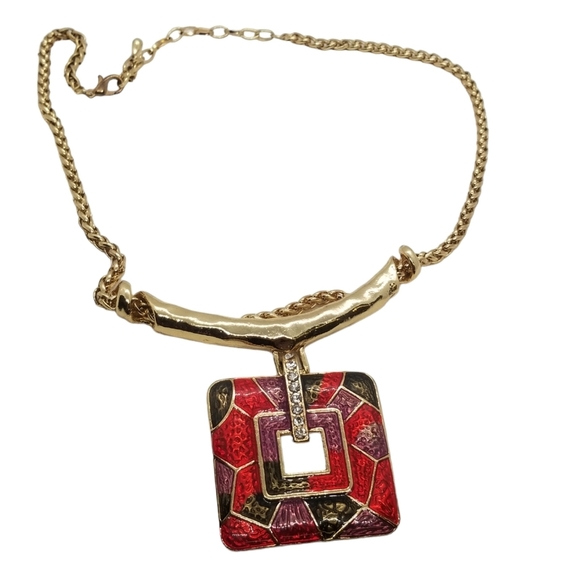 VINTAGE BYZANTINE  STYLE GOLDTONED & ENAMEL  PENDANT & WHEAT ROPE CHAIN NECKLACE - Picture 3 of 5